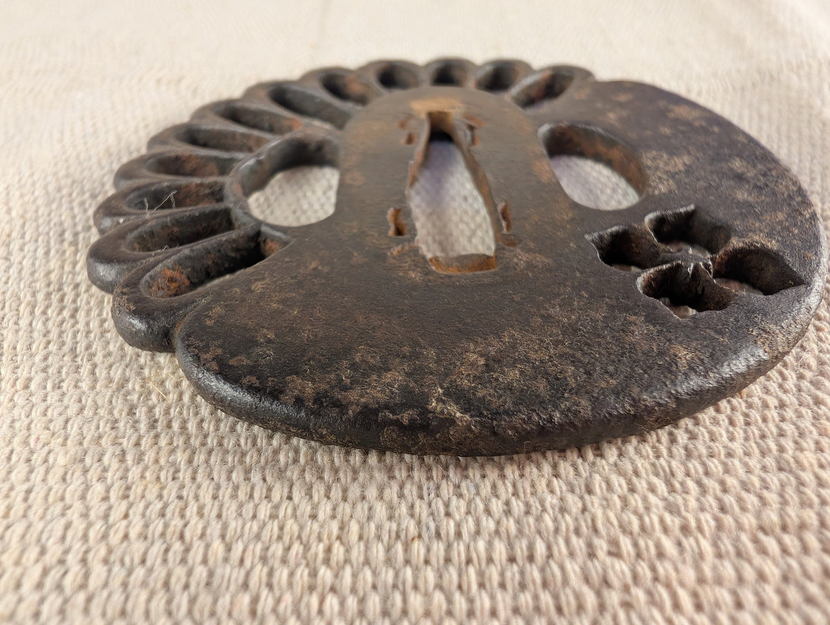 Iron Tsuba with Kiku and Hanabishi Motif – TS-184